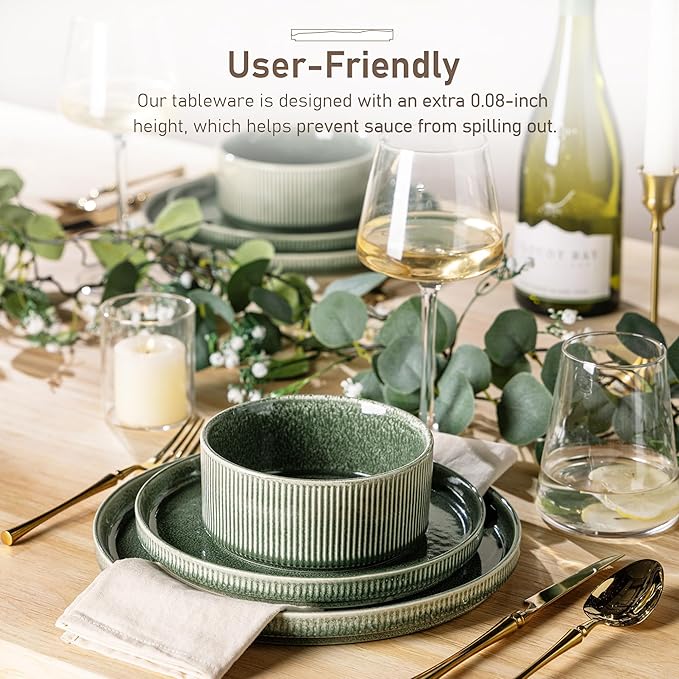 GBHOME Stoneware Dinnerware Sets for 6,Round Reactive Glaze Ceramic Plates and Bowls Set,Highly Scratch Resistant| Dishwasher & Microwave Safe Dishes Set,Service for 6(18Pcs),Dark Green
