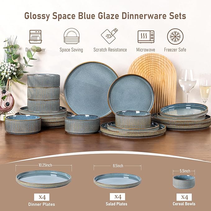 GBHOME Stoneware Dinnerware Sets for 4,Round Reactive Glaze Ceramic Plates and Bowls Set,Highly Scratch Resistant| Dishwasher & Microwave Safe Dishes Set,Service for 4(12pcs)