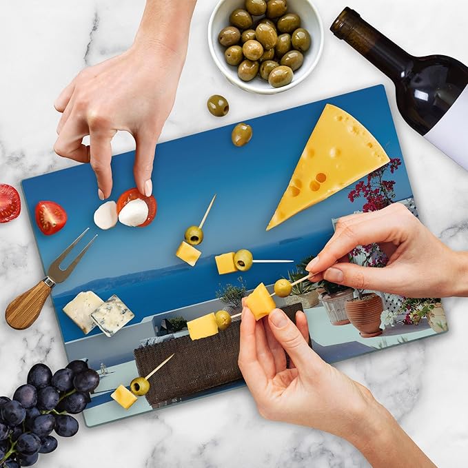 Ambesonne Modern Cutting Board, View of Mediterranean Santorini Aegean Sea Seascape Holiday Artwork, Decorative Tempered Glass Cutting and Serving Board, Large Size, Grey Sky