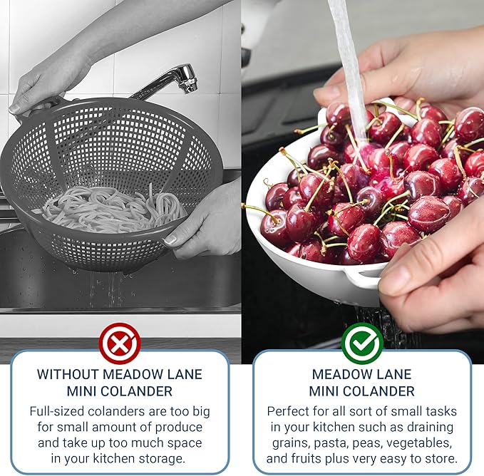 Meadow Lane 6-inch Small Colander, BPA-Free, Dishwasher Safe, Double Handles, Compact Food Strainer for Berries, Veggies and Pasta, 3-Cup Capacity, Smooth White