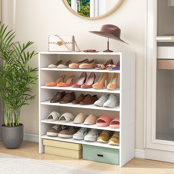 SIMOE 3-in-1 Adjustable Vertical Shoe Rack, 6-Tier Stackable Wooden Corner Storage Shelf for 18 Pairs, Space-Saving Organizer for Front Door Entryway, White