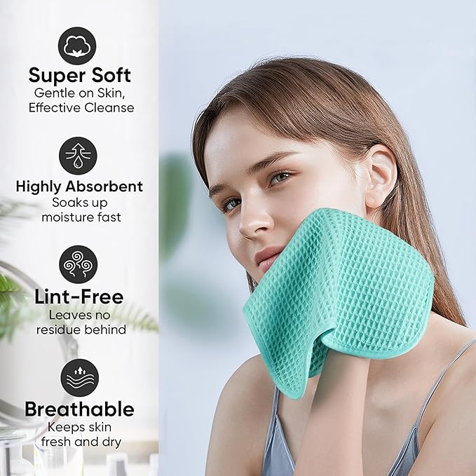 Microfiber Waffle Face Towels, 4 Pieces, Soft, Absorbent, Fast Drying, Lint Free (Turquoise)