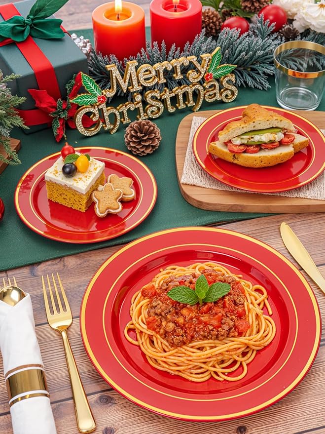 350Pieces Red Plastic Plates with Gold Rim Include 50Dinner Plate 10”, 50Dessert Plate 7”, 50 gold Cups 9 OZ, 50 Pre Rolled Napkins for Christmas Party