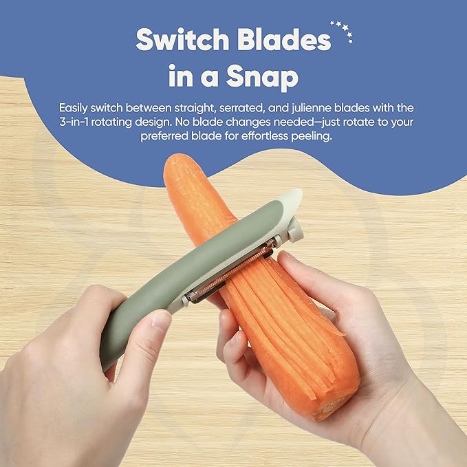 Chef’s Path Tri-Blade Side Peeler – Stainless Steel Blade Fruit Peelers for Kitchen – Vegetable Slicer Kitchen Tool, Serrated, Julienne Peeler and Blemish Remover