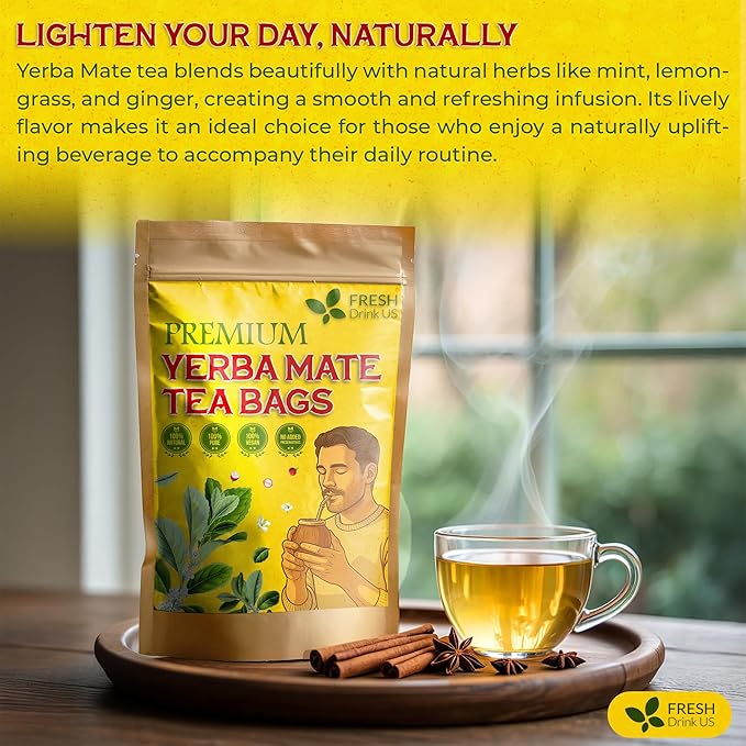 FreshDrinkUS, Yerba Mate Tea Bags | 120 Tea Bags | Traditional South American Herbal Tea – Smooth & Refreshing Flavor – Premium Quality, Sustainably Sourced. Vegan.