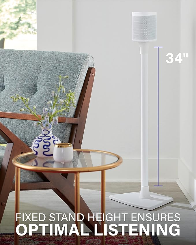 SANUS Speaker Stand for Sonos One, One SL & Play:1 - Premium Fixed Height Speaker Stands w/Built-in Cable Channels & Easy 3-Step Install – White, Single