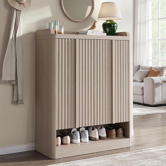 Fluted Shoe Storage Cabinet for Entryway – 45" Tall, 6-Tier Shoe Organizer with 4 Adjustable Shelves, Mid-Century Freestanding Wooden Shoe Rack for Hallway, Living Room, Closet, White Alder(2PCS)