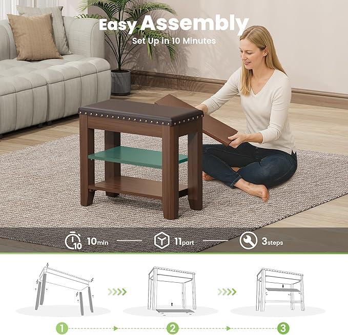 Shoe Bench for Entryway, Solid Rubberwood Shoe Bench with Hidden Storage, Adjustable 2-Tier Shelves & Soft PU Leather Seat, Shoe Rack Durable Easy Assembly for Hallway or Bedroom - Brown, 23.6"