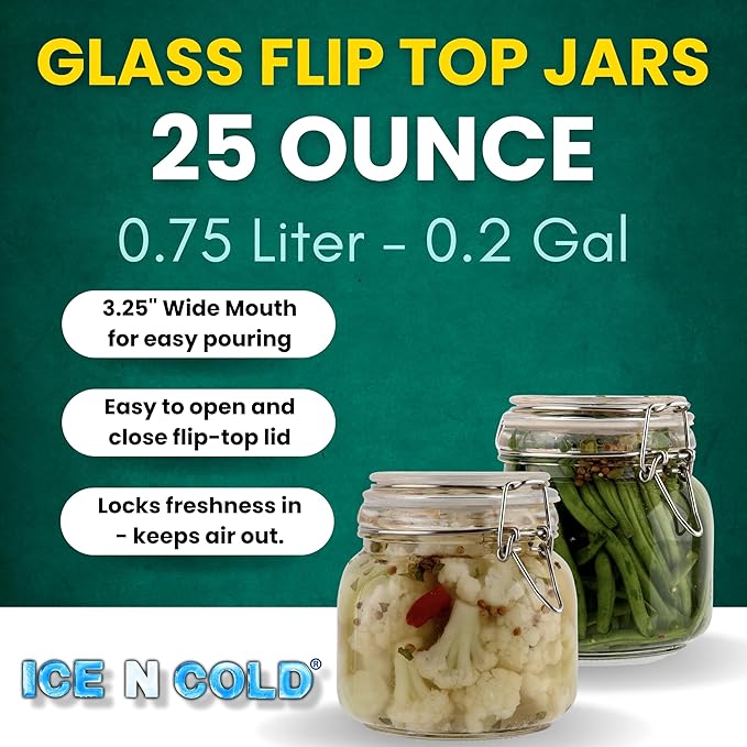 Airtight Glass Storage Jars with Clamp Lid – Food Storage Containers with Rubber Gasket Seal – Pantry & Kitchen Canisters for Dry Goods, Coffee, Sugar, Pasta – 0.4L to 2.2L Sizes (4, 25oz | 0.75L)