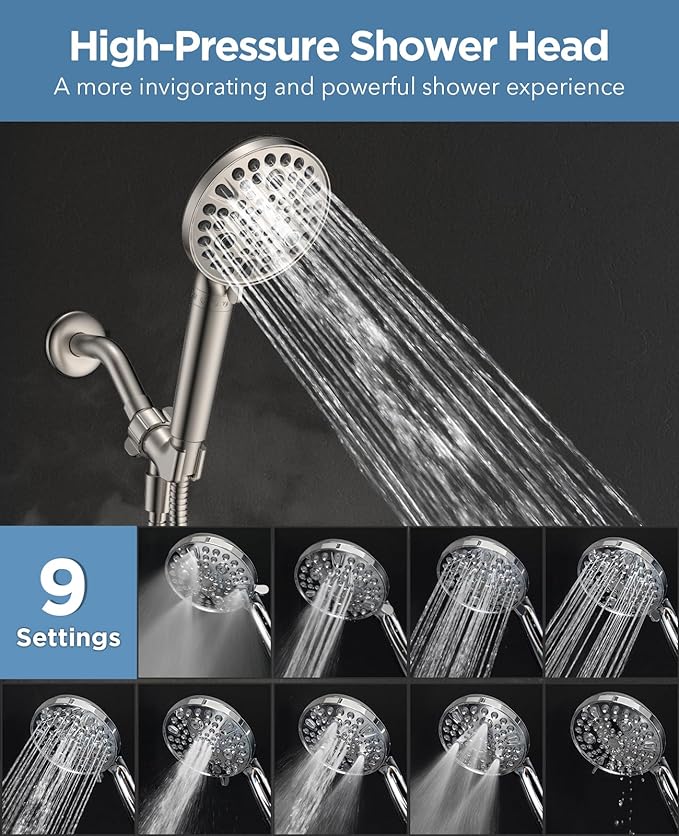 MakeFit Handheld Shower Head with Filter Brushed Nickel - High Pressure 10 Spray Modes Filtered Shower Head with Hose, Bracket and Hard Water Shower Filters to Remove Chlorine and Heavy Metals