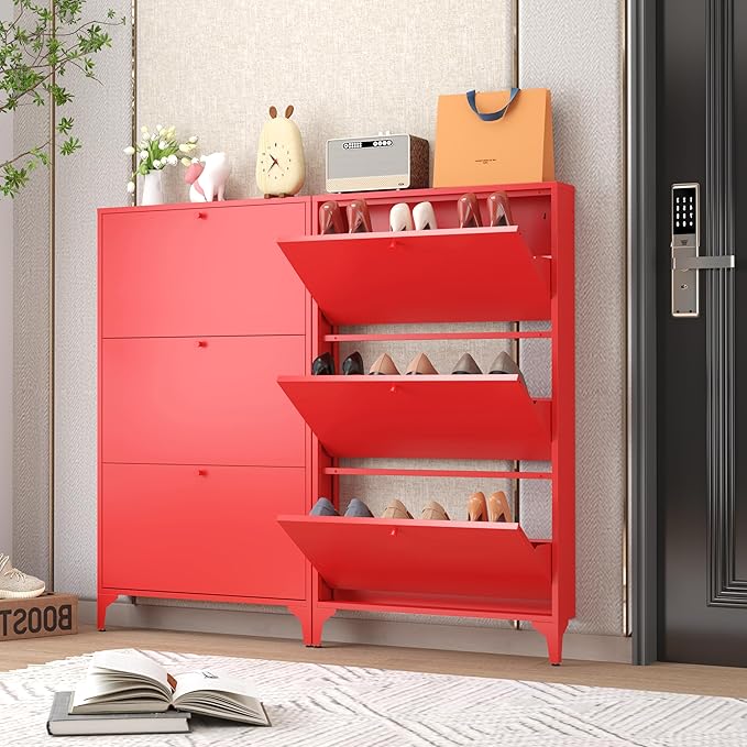 Shoe Cabinet with 3 Flip Drawers, Narrow Shoe Storage Cabinet, Farmhouse Shoe Organizer, Freestanding Organizer with Metal Legs for Entryway, Foyer (3 Door, Red)