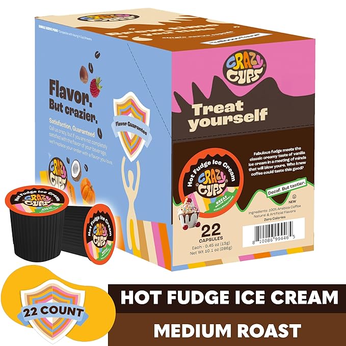 Crazy Cups Decaf Flavored Coffee pods, Hot Fudge Sundae, Single-Serve Medium Roast Coffee Cups for Keurig K-Cup Machines, Hot or Iced, 22 Count