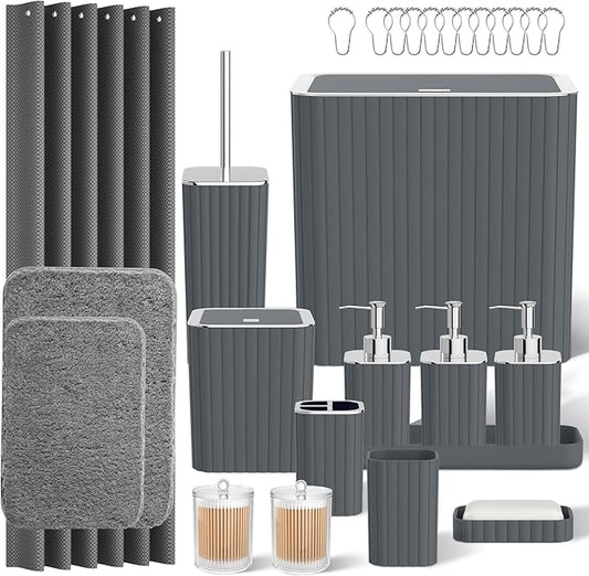 Bathroom Accessory Set - Bathroom Set, 27PC Bathroom Accessories Set, Grey Bathroom Sets with Shower Curtain and Rugs, Mini Trash Can, Toilet Brush, Trash Can & Soap Dispenser