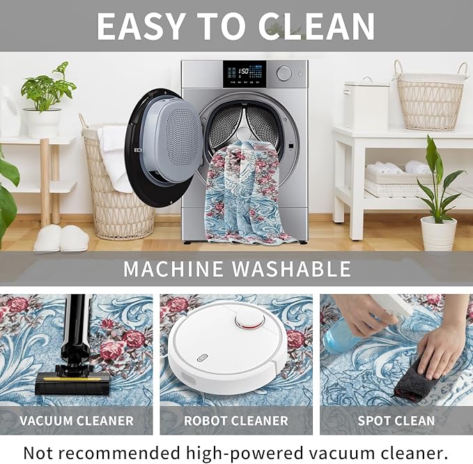 Easy-Going Area Rug 5x7 Washable Floral Rugs for Living Room Non-Slip Bedroom Rug Low Pile Lightweight Retro Flowers Throw Rug for Dining Room Kitchen Home Office Carpet, Teal Red