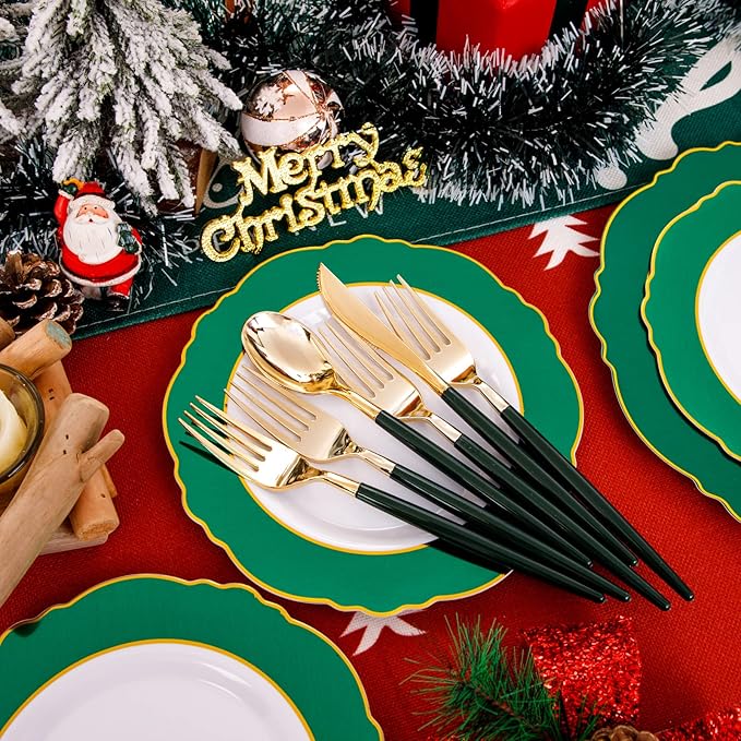 WDF 30Guest Christmas Plates Disposable - Gold Plastic Silverware With Green Handle - Baroque Green &Gold Plastic Dinnerware for Christmas Plates Party