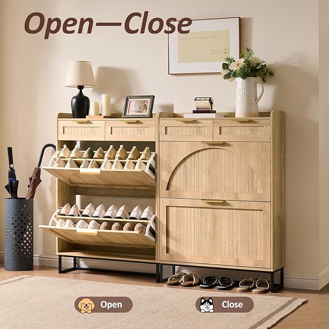 Fluted Shoe Cabinet Storage for Entryway – Narrow Shoe Rack with 2 Flip Drawers & 2 Storage Drawers, Freestanding Hidden Shoe Organizer for Foyer, Hallway (Natural)