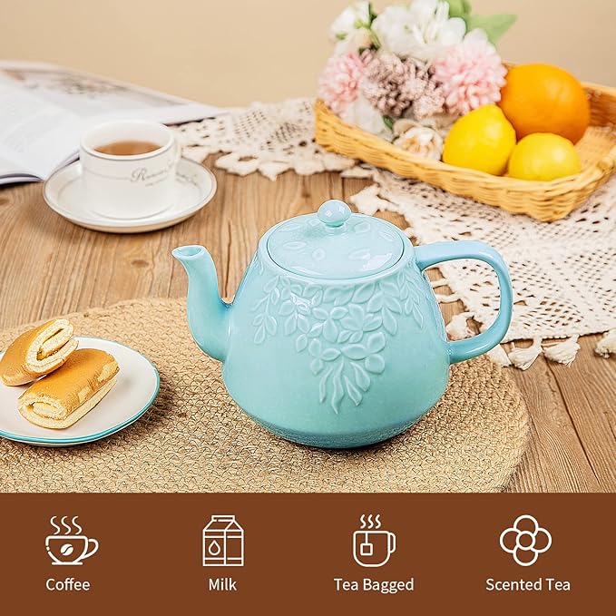 Toptier Ceramic Teapot, Large Tea Pot with Stainless Steel Infuser, Blooming & Loose Leaf Teapot for Tea Lover, Gift, Family (37 oz / 1100 ml, Blue)