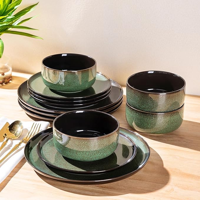 LERATIO Ceramic Dinnerware Set for 4, Poreclain Plates, Bowls, Handmade Reactive Glaze Dishes, Chip Resistant, Oven & Dishwasher Safe, Service for 4