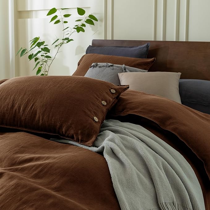 EVERLY 100% Pure Linen Duvet Cover Set King Size 104X90Inch 3pcs (1 Duvet Cover,2 Pillowcases) Soft and Breathable for All Season with Coconut Button Closure, Suitable for Hot Sleepers-Chocolate
