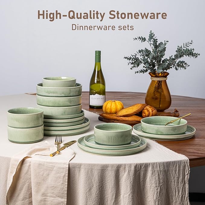 GBHOME Stoneware Dinnerware Sets for 8,Round Reactive Glaze Ceramic Plates and Bowls Set,Highly Scratch Resistant | Dishwasher & Microwave Safe Dishes Set,Service for 8(24pcs)，Olive Green