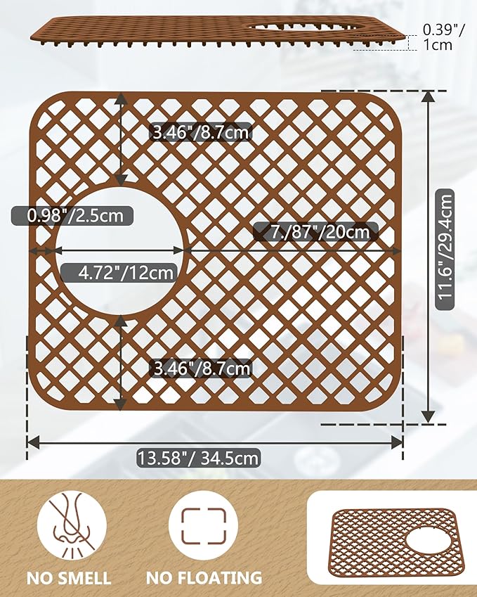 2 Pack Silicone Sink Protectors for Kitchen Sink, Lozenge Pattern 13 x 11 Inches Sink Mat, Non-Slip and Durable Sink Protector Silicone, Rear Drain, Coffee