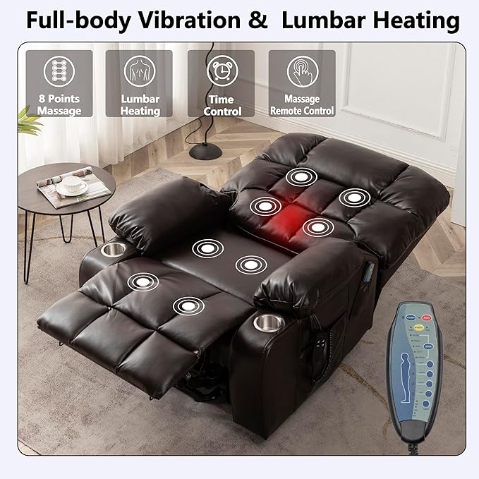 Dual Motor Power Lift Recliner Chair for Big and Tall Elderly Adults Electric Lay Flat Recliner, Stand Up Lift Chairs Recliners with Massage Heat, Cup Holders, Side Pockets, Lumbar Pillow