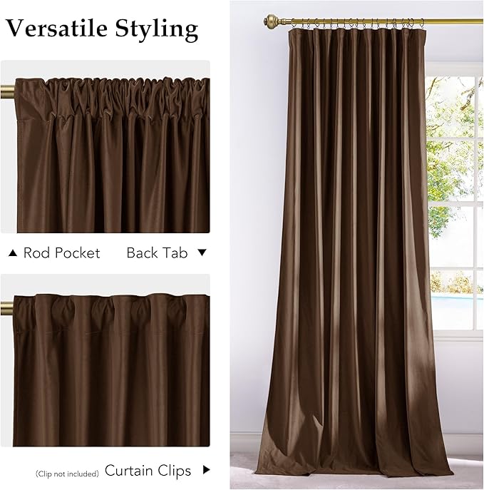NICETOWN Brown Velvet Curtains 96 inch Long 2 Panels for Living Room - Blackout Window Treatments Pleat Tape with Back Tab Vision Insulated Temperature Balanced Drapes for Bedroom and Dining Room