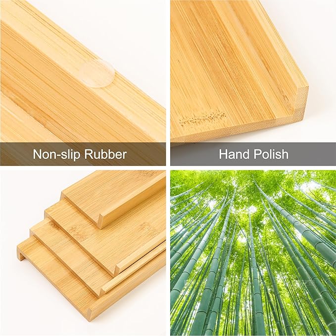 Spice Drawer Organizer with 28 Bamboo-lidded Spice Jars,216 Labels,25 Non-slip Rubber, Bamboo 4 Tier Seasoning Rack Tray Insert for Kitchen Drawers,Cabinets,Countertop,14.6" Wide x 15.8" Deep