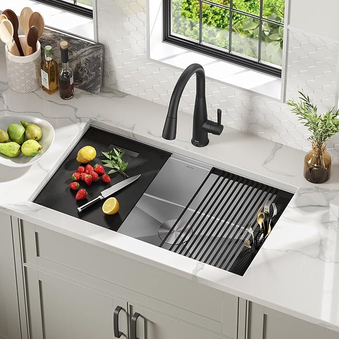 DELTA FAUCET DELTA Rivet 32-Inch Workstation Kitchen Sink Undermount 16 Gauge Stainless Steel Single Bowl with WorkFlow Ledge and Chef’s Kit of 6 Accessories, 95B931-32S-SS