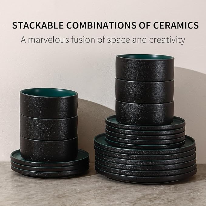 GZG Classic Series - Plates and Bowls Set for 6, 18 Piece Stoneware Dinnerware Sets, Microwave and Dishwasher Safe Lead-Free Handcrafted Ceramic Dishes Set - Malachite Green