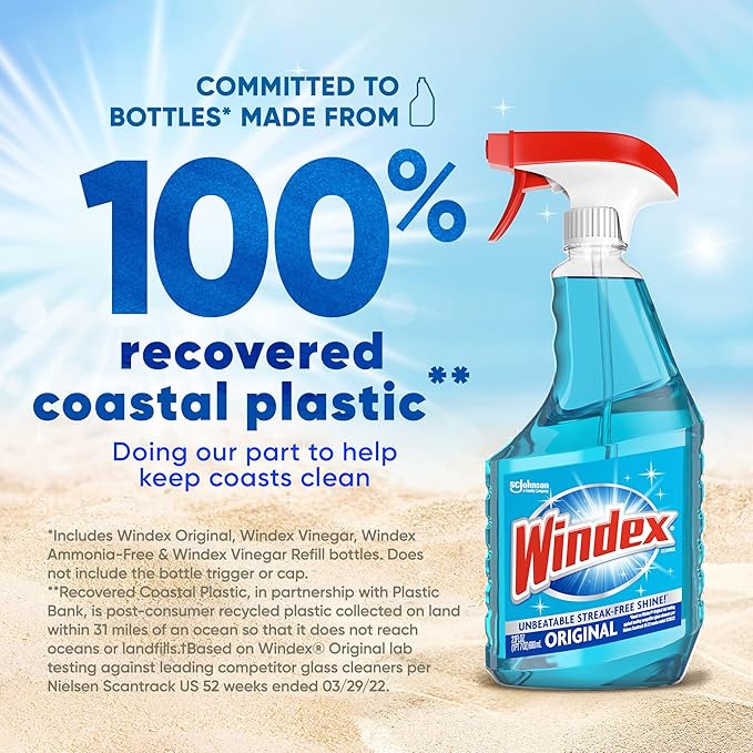 Windex Refill Glass and Window Cleaner Bottle, Bottle Made from 100% Recycled Plastic, Surface Cleaning Spray, Original Blue Scent, 2L (67.6 Fl Oz) (Pack of 6)