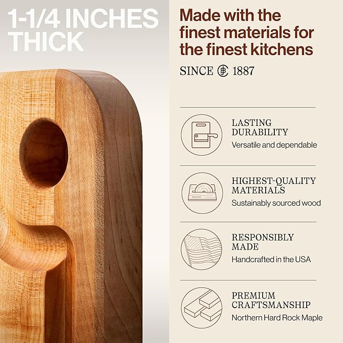John Boos Prestige Series Rectangular Wooden Maple Cutting Board 16”x10” – 1.25” Thick, 6-lb Reversible Butcher Block with Juice Groove, Edge-Grain & Finger Grip Hole – Made in the USA