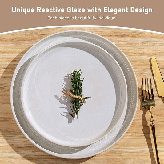 GBHOME Stoneware Dinnerware Sets for 4, Round Reactive Glaze Ceramic Plates and Bowls Set, Highly Scratch Resistant | Dishwasher & Microwave Safe ，Service for 4(12Pcs),Sugar White