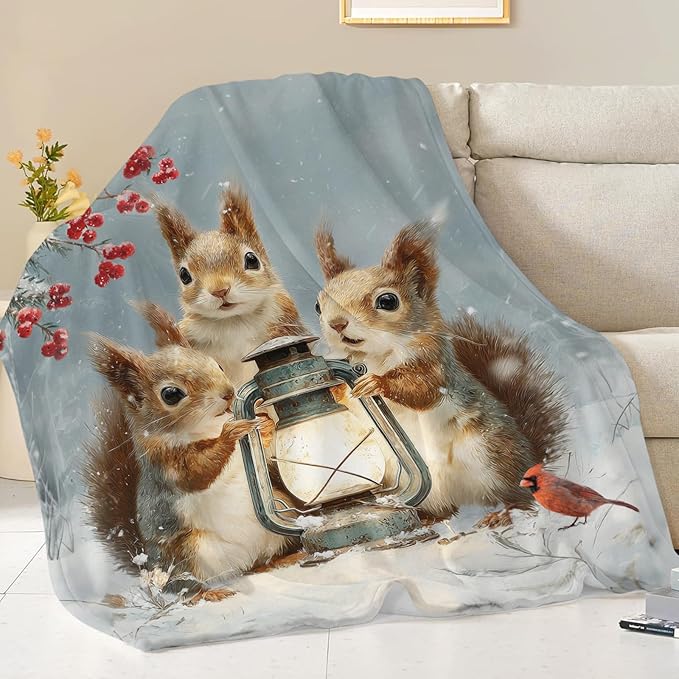 Squirrel Blanket Gifts for Girls Boys Christmas Winter Throw Blankets Cozy Plush Fleece Flannel Fuzzy for Women Men Decor 80"X60"