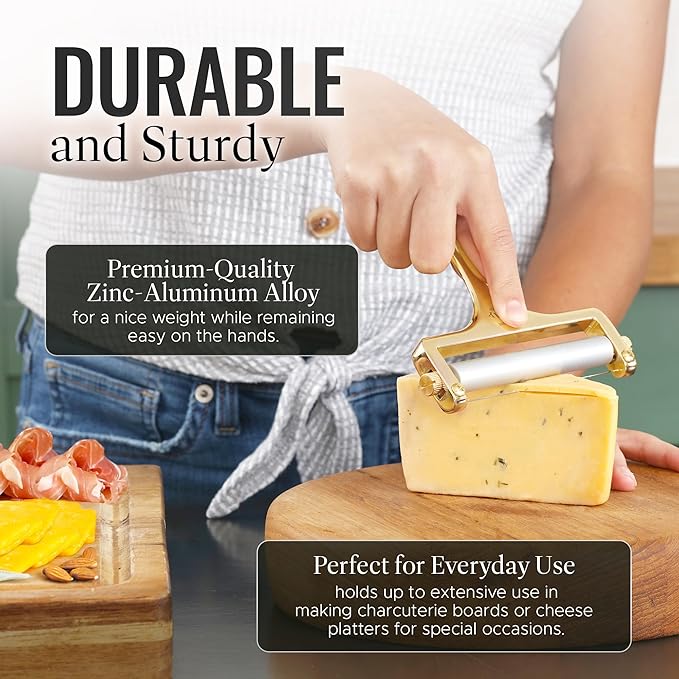 Zulay Kitchen Cheese Slicer With Adjustable Thickness – Heavy Duty Block Slicer with 2 Extra Wires – Ideal for Mozzarella, Cheddar, Gouda - Gold
