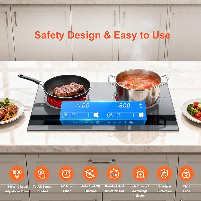 Dual Coil Design of 2 Burner Electric Cooktop, 1800W Ceramic Hot Plate for Cooking, Infrared Double Burner Portable Countertop or 24inch Built-in Radiant Stove Top Cooker, Compatible with All Cookware
