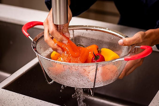 Hercules Chef by Mundial 9.8" Stainless Steel Colander Strainer with Red Silicone Handles – Heavy-Duty Fine Mesh for Pasta, Vegetables & Fruits – Dishwasher Safe Kitchen Essential