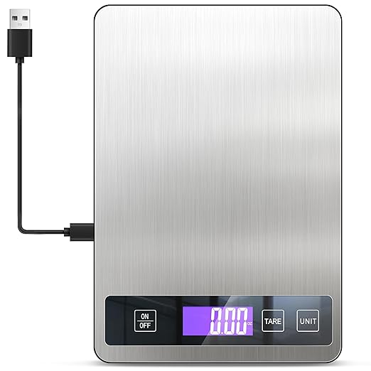 Food Scale - 15kg/33lb Rechargeable Digital Kitchen Scale with Full-View LCD Display, Grams and Ounces, Type-C or Batteries (Not Inc.), Easy Clean Stainless Steel, for Baking, Cooking, Black