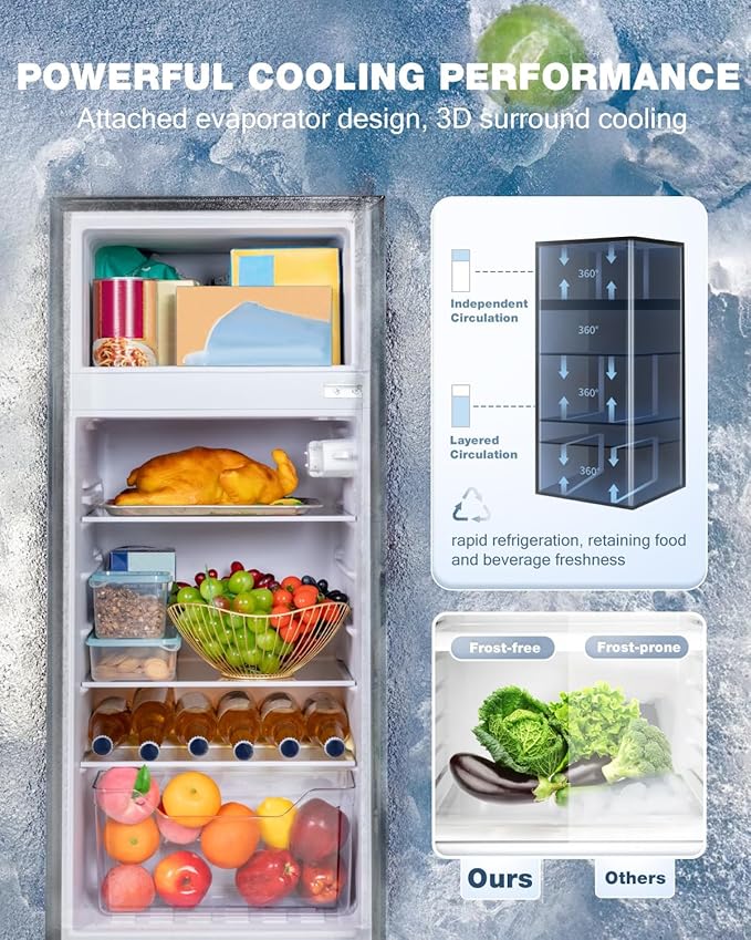 Double Door Refrigerator with Freezer, 4.5 Cu.Ft, Small Fridge with Freezer, 7 Settings Temperature Adjustable, Mini Refrigerator for Office and Apartment Bedroom Dorm(4.5 Cu.Ft, Silver)