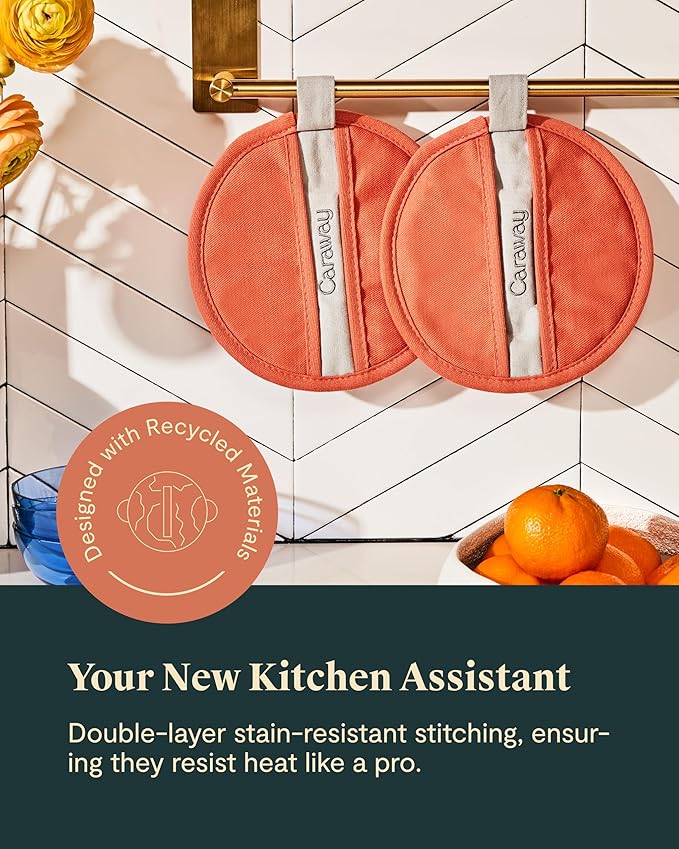 Caraway Pot Holders - 100% Organic Cotton Pot Holder - Double-Layer Stain Resistant Stitching - Resists High Heat & Low Cold Temperatures - Machine Washable - Perracotta