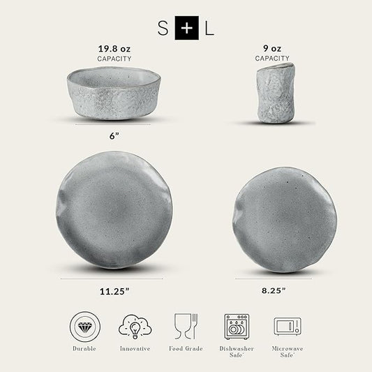Stone by Mercer Project Atik Modern Stoneware 16-Piece Dinnerware Set, Plate and Bowl Set, Dish set for 4, Grey Speckled