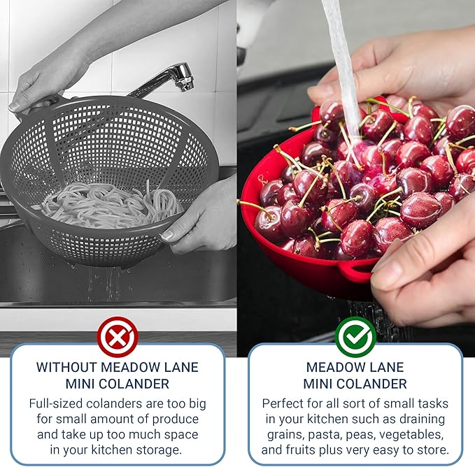Meadow Lane 6-inch Small Colander, BPA-Free, Dishwasher Safe, Double Handles, Compact Food Strainer for Berries, Veggies and Pasta, 3-Cup Capacity, Cardinal Red