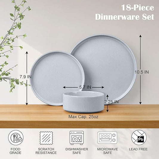 E-far Dinnerware Sets for 6, 18-Piece Stoneware Plates and Bowls Dish Set, Modern Kitchen Dinning Dishware, Chip and Scratch Resistant, Microwave & Dishwasher Safe, Speckled Gray