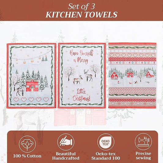 Maison d' Hermine Kitchen Towels Set of 3 100% Cotton 20" x 27.5" Reusable Cloth Tea Dish Towels Absorbent with Hanging Loop for Kitchen Dining Thanksgiving Christmas Decorations (Rural Christmas)