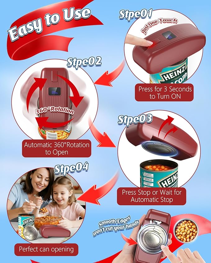 HuiJuKeJi Automatic Electric Can Opener, One-Touch Rechargeable LED Can Opener Electric for Smooth Edge Safe Opening, Fits All Cans, Hands-Free Operation, Ideal for Seniors Arthritis Kitchen Gadget
