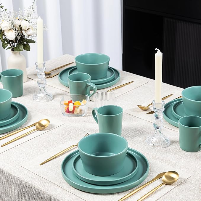 Plates and Bowls Sets for 4 - CJDC-QUELO 16 Piece Stoneware Dinnerware Sets with Mugs, Ceramic Dishware Sets for Kitchen Dining Use, Chip and Scratch Resistant Microwave Dishwasher Safe, Green