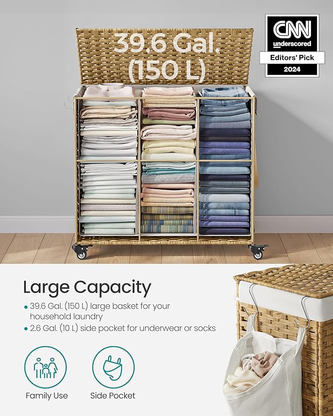 SONGMICS Laundry Hamper with Lid, 42.3 Gallons (160 L), Rolling Laundry Basket with Wheels, 3-Section Synthetic Rattan, Removable Liner, Bedroom, 27.6 x 14.2 x 26 Inches, Natural ULCB365N01