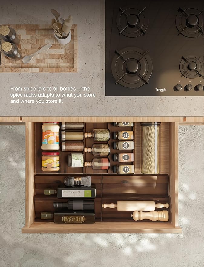 Tinamo Acacia Wooden Spice Rack Organizer for Cabinet - Spice Drawer Insert, Spice Organization for Cabinet, Seasoning Organizer, Spice Holder Pack of 8 (Walnut pack 8)