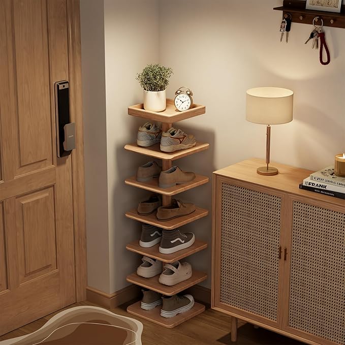 Narrow Shoe Rack for Entryway - Wood Narrow Shoe Rack with Compact Design for Small Space, 6-Tier Shoe Organizer for Entryway Hallway Bedroom Closet