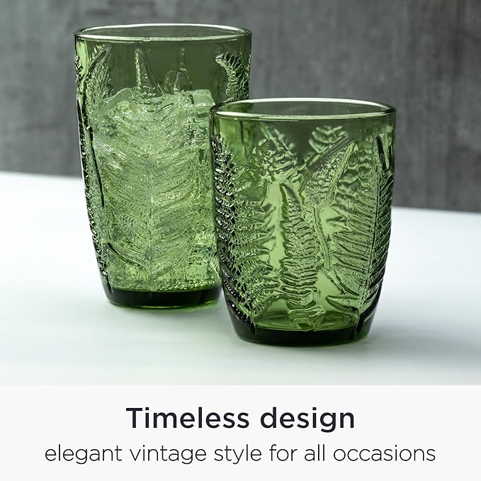 Vintage Green Drinking Glasses Set of 8 – 10 oz Embossed Textured Glass Cups, Retro Style Colored Drinkware for Water & Cocktails, Durable Decorative Kitchen Glassware, Unique and Cute Hostess Gift